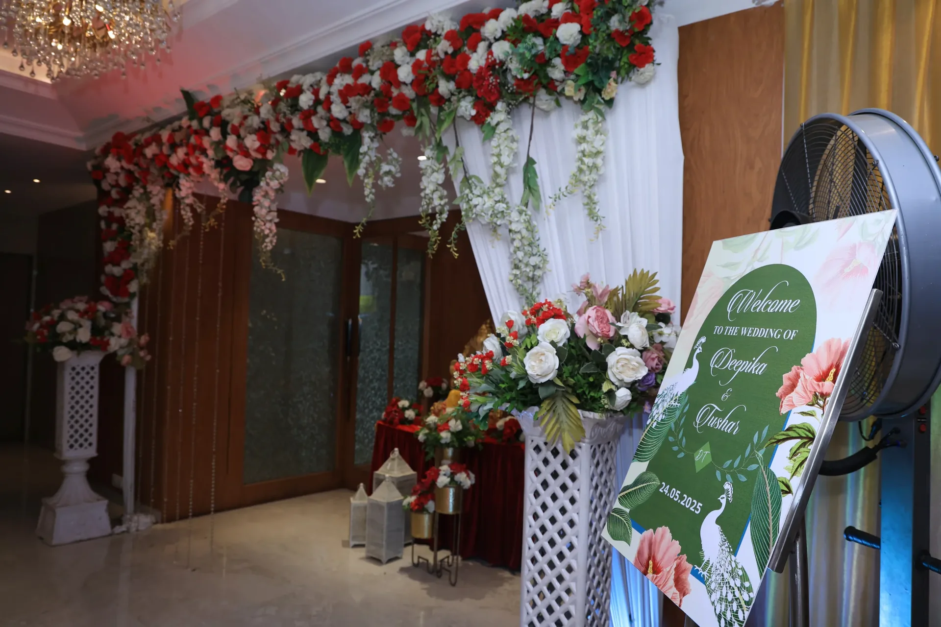 Crystal chandeliers illuminating the Golden Leaf Banquet ballroom
